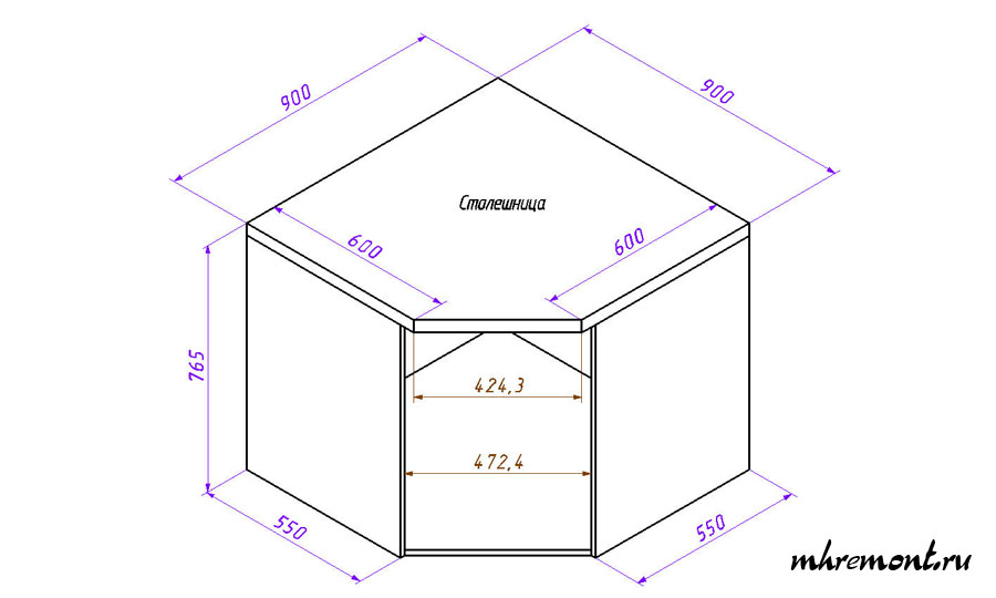 Угловой шкаф кухни чертеж. С углом 135 градусов.