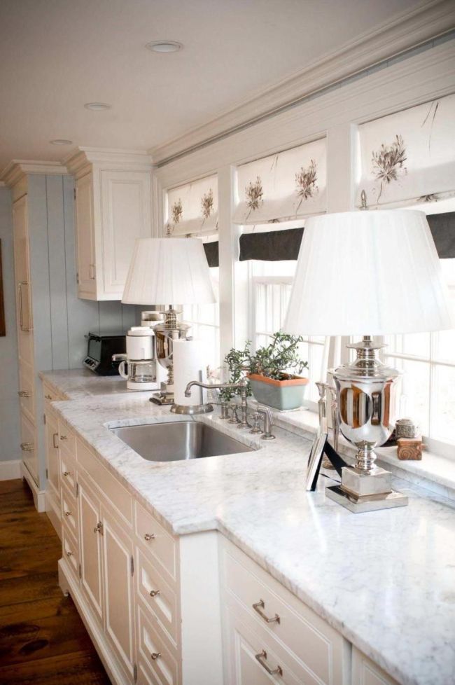 amusing-white-design-curtain-for-kitchen-with-lamps-table-beside-sink-plus-white-granite-countertop-also-wooden-floor
