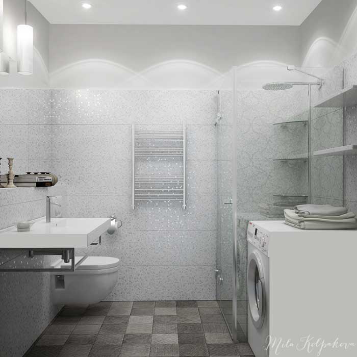 Дизайн маленькой ванной комнаты с душевой кабиной и подвесным унитазом