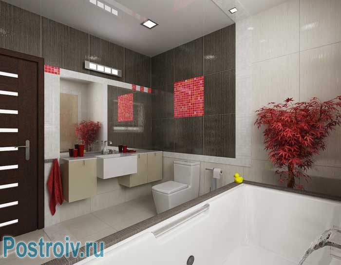 Интерьер ванной комнаты с красными предметами декора