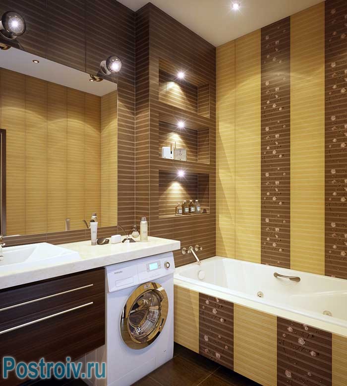 Дизайн желто-коричневой ванной комнаты. Фото
