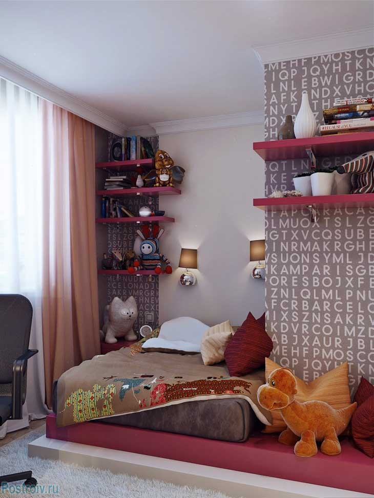Основные цвета данного интерьера подростковой комнаты - вишневый и шоколадный. Фото