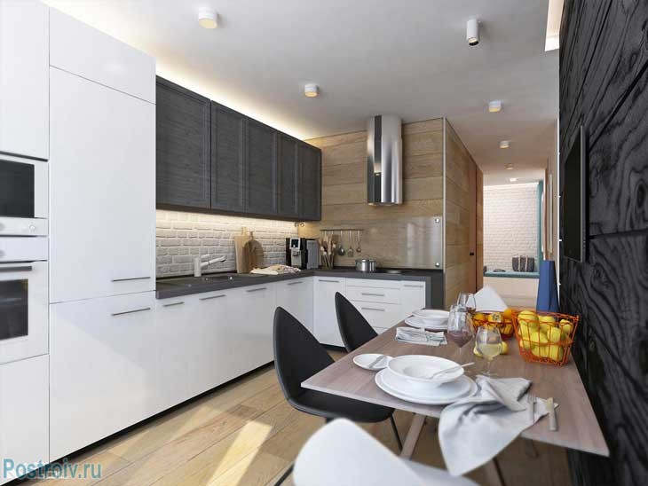 Современная кухня в двухкомнатной квартире черно-белого цвета. Фото