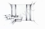 Оформление гостиной в современном стиле, двухслойные портьеры контрастных цветов в тон дивана и стен