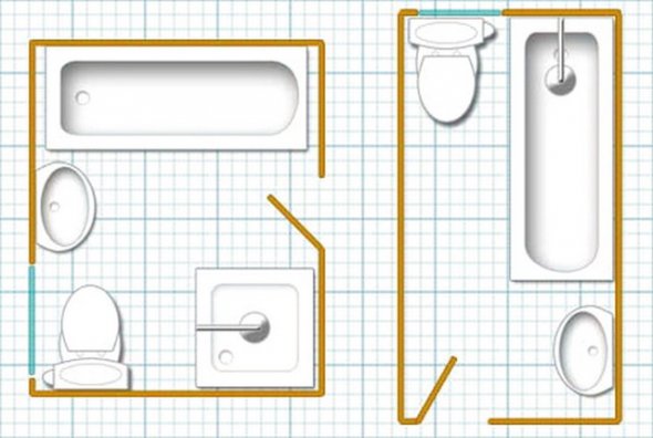  План расстановки оборудования в небольших ванных комнатах.