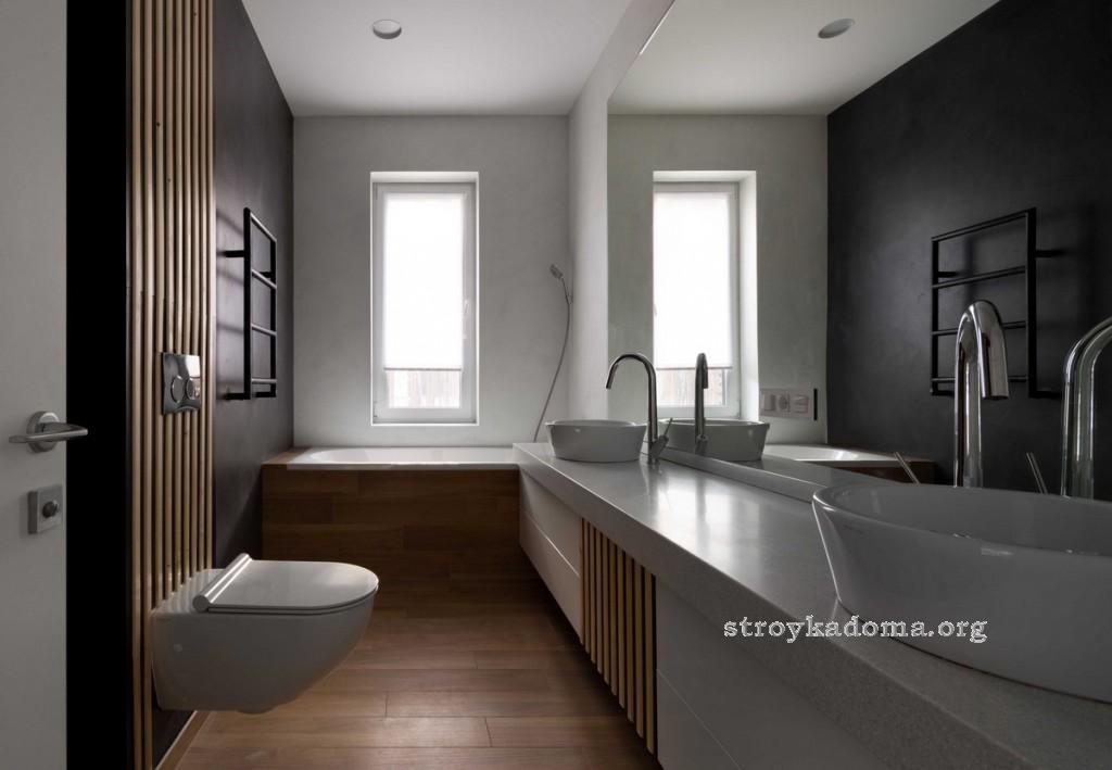 красивый дизайн узкой ванной комнаты
