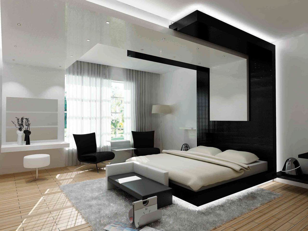 Способ выделить прикроватную зону и визуально уменьшить высоту потолка