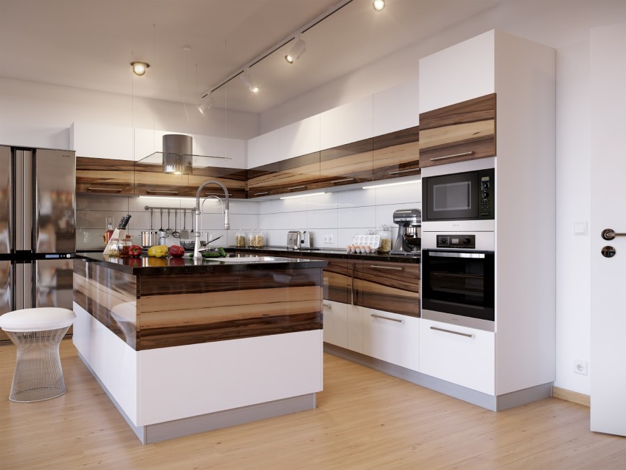 Кухонный гарнитур и рабочая поверхность в едином стиле и точечной подсветкой