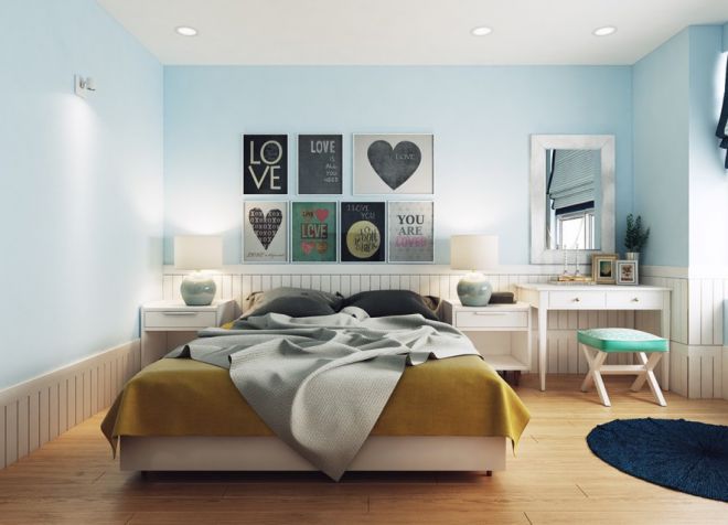 Дизайн спальни в бело-голубых тонах 