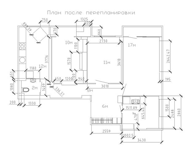 План трехкомнатной квартиры после перепланировки