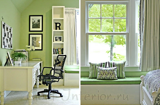 На фото интерьер комнаты для девушки в зелёном цвете