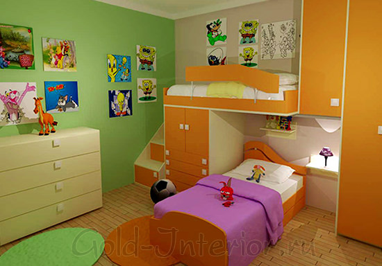На фото комната для девочек: салатовый + оранжевый + фуксия