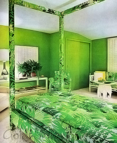 Спальня с использованием салатового текстиля и таких стен