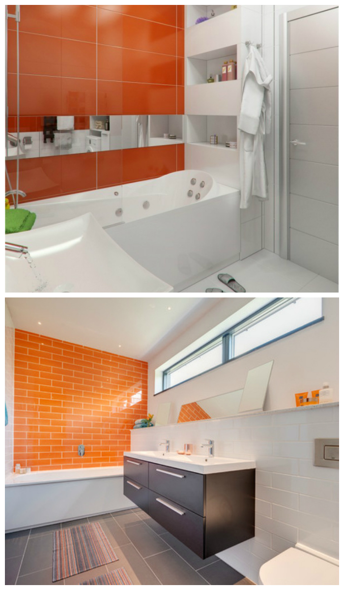 Оранжевая ванная, облицованная плиткой