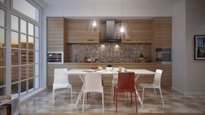 Современный дизайн кухни с панорамным окном - фото интерьера