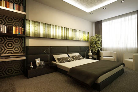 В интерьере современной спальни зачастую используются новомодные технические изобретения, например, неоновая подсветка на потолке 