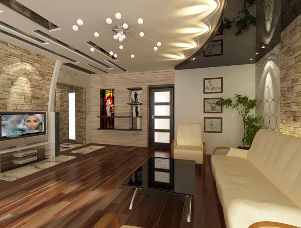 Двухуровневый потолок будет отличным вариантом для просторной гостиной