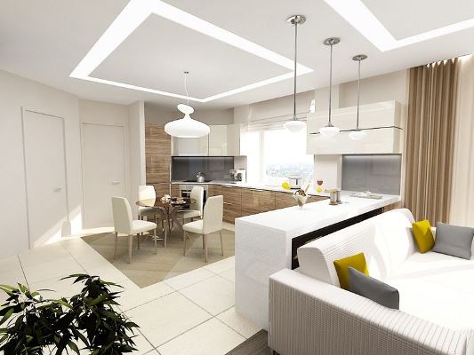 Для небольшого помещения отличным вариантом экономии пространства станет объединение гостиной и кухни