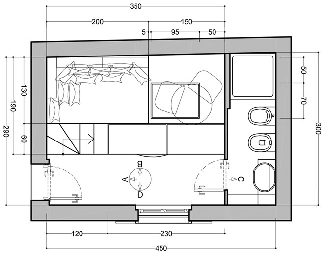Планировка второго уровня небольшой квартиры-студии в Милане