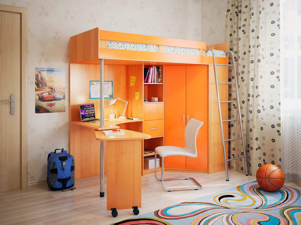 Кровать-чердак с двумя столами в интерьере детской комнаты