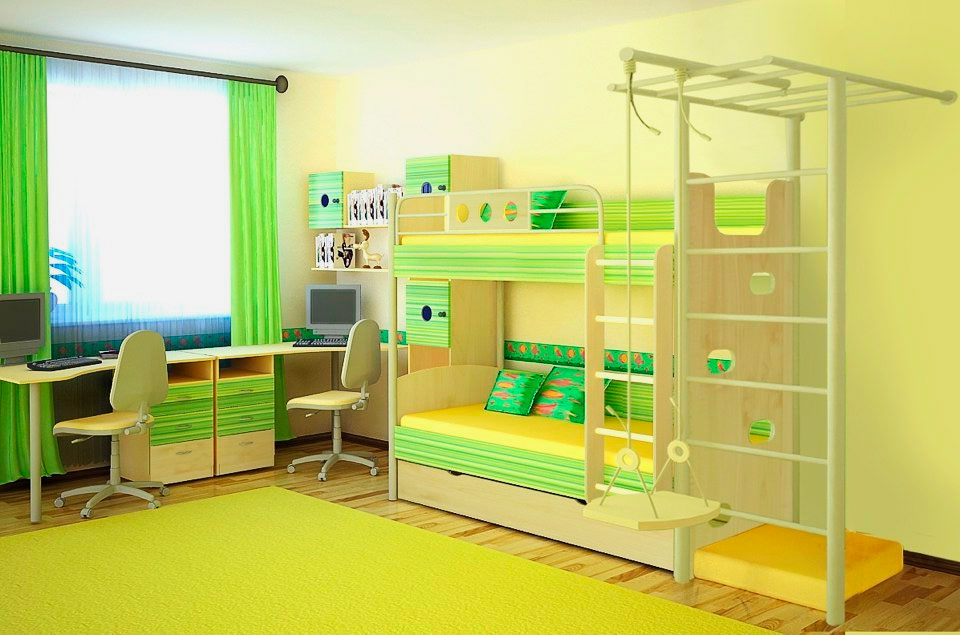 Двухъярусная кровать со шведской стенкой в интерьере детской комнаты