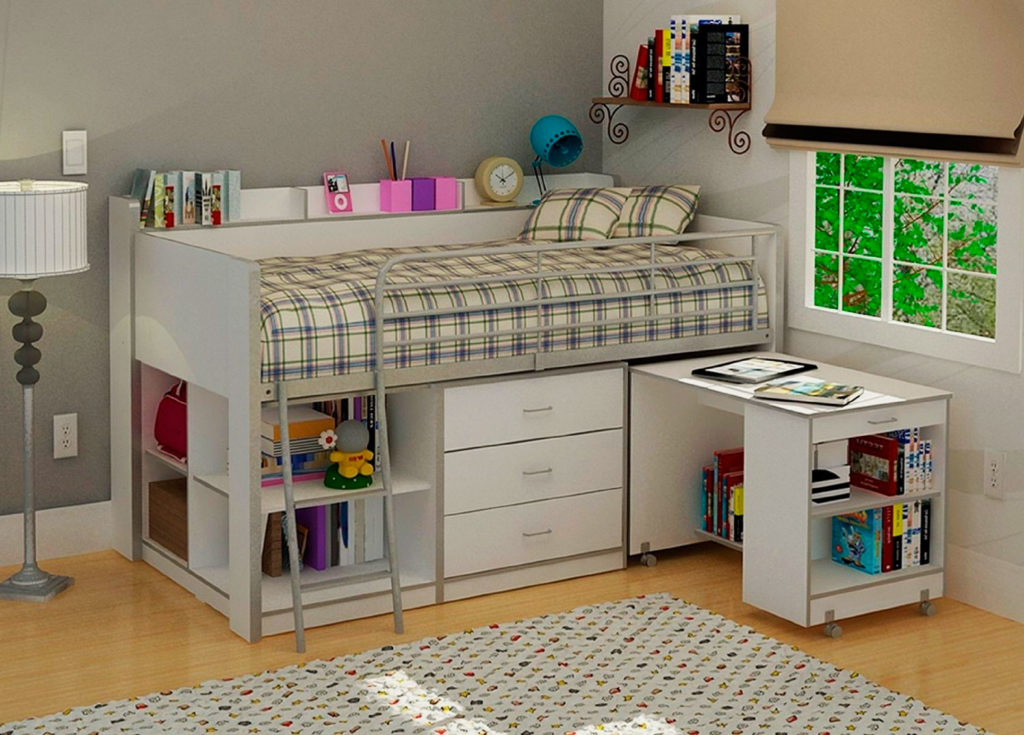 Низкая модель детской кровати-чердака с выдвижными ящиками и столом