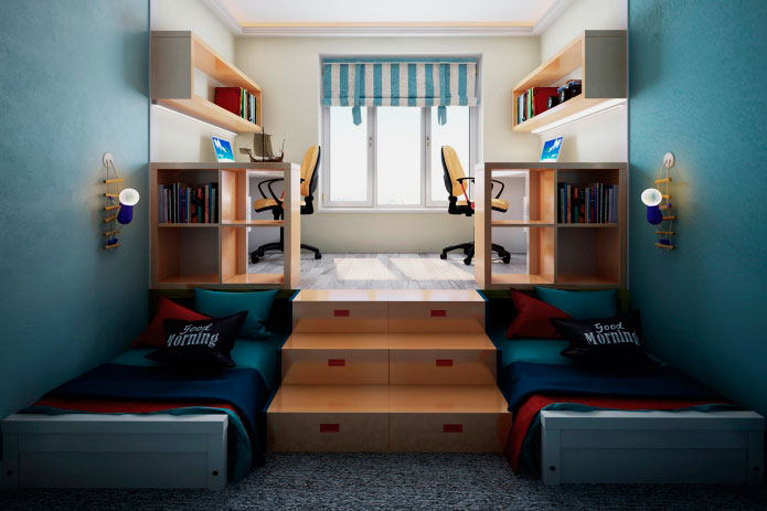 Интерьер комнаты мальчиков подростков с двумя кроватями под подиумом