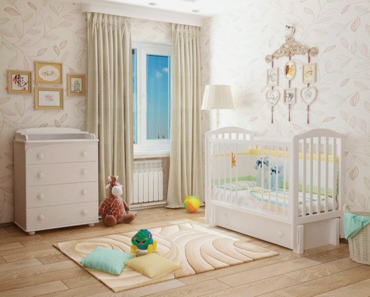 Интерьер детской комнаты с кроватью для новорожденных