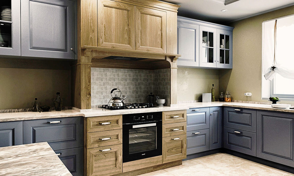 Фото современной кухни с деревянным порталом над плитой