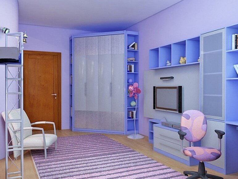 Фото углового шкафа со складной системой открытия дверей в интерьере детской комнаты