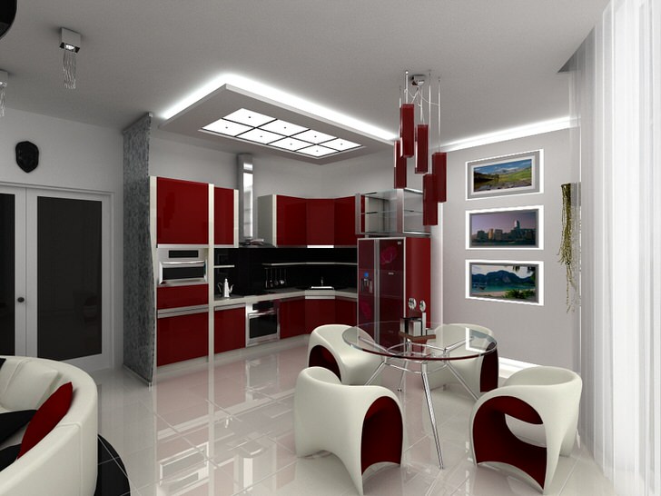 Простое решение зонирования кухни и столовой зоны - насыщенный, "спелый" красный цвет кухни и дизайнерских люстр. 