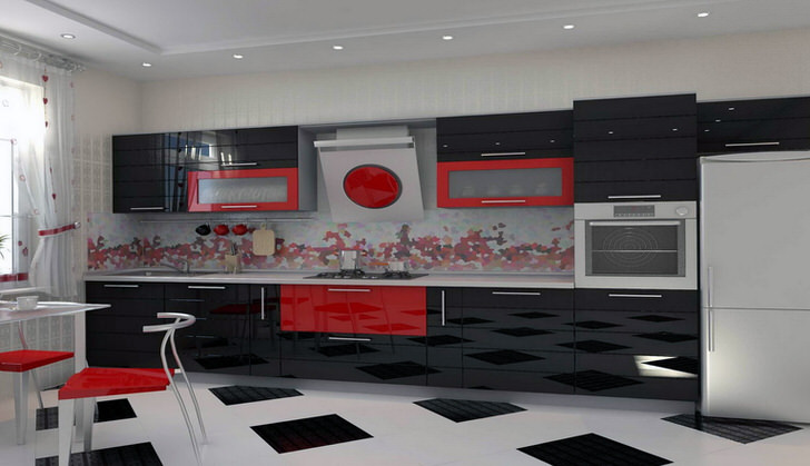 Сочетание насыщенного красного и контрастного черного цвета идеально подходит для оформления кухни в стиле модерн.