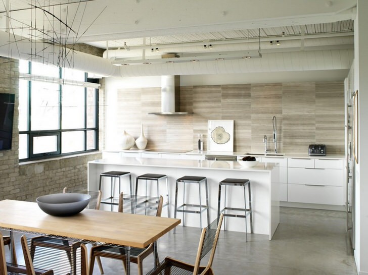 Правильный вариант зонирования кухонного пространства в стиле лофт. Простота, скромность, функциональность и практичность - стиль для настоящей хозяйки.