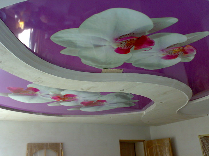 Композиция с цветами на натяжных потолках с фотопечатью - интересное решение для оформления гостиной.