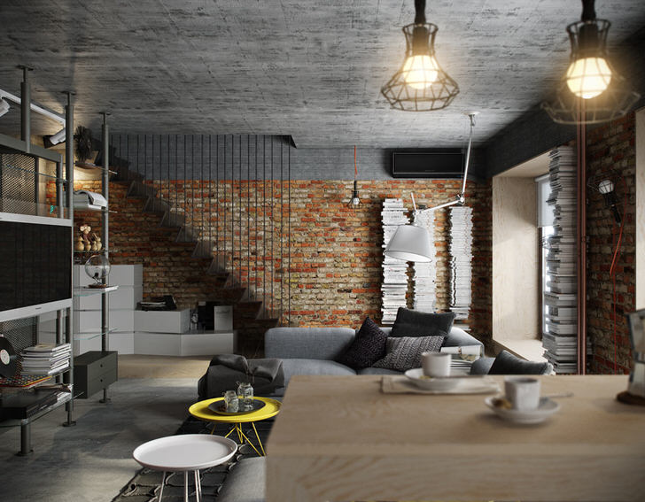Черновая отделка потолка, стены из кирпичной кладки, мебель из металлических труб - каждый элемент интерьера подобран в соответствии со стилем лофт.