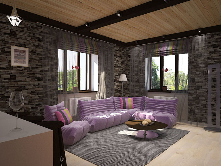 Дизайнерский проект для уютной гостиной в лофт стиле. Отделка стен из камня гармонично сочетается с мягкой мебелью нежно-фиолетового цвета.