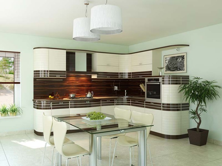 Кухонный гарнитур для кухни в стиле модерн имеет L-образную форму, которая идеально подходит для малогабаритных кухонь. Изысканный внешний вид интерьера выгодно сочетается с его функциональностью.