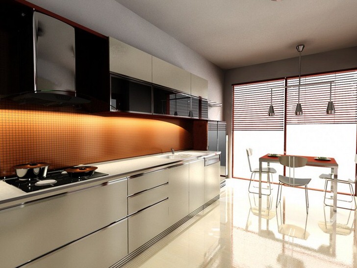 Приглушенный свет в кухне в модерн стиле делает атмосферу романтической. Эффект достигается с помощью жалюзи, которые закрывают панорамные окна. 
