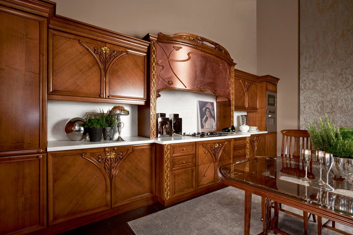 Роскошный пример кухонного гарнитура в стиле модерн. Мебель из натурального дерева делает интерьер привлекательным и изысканным.