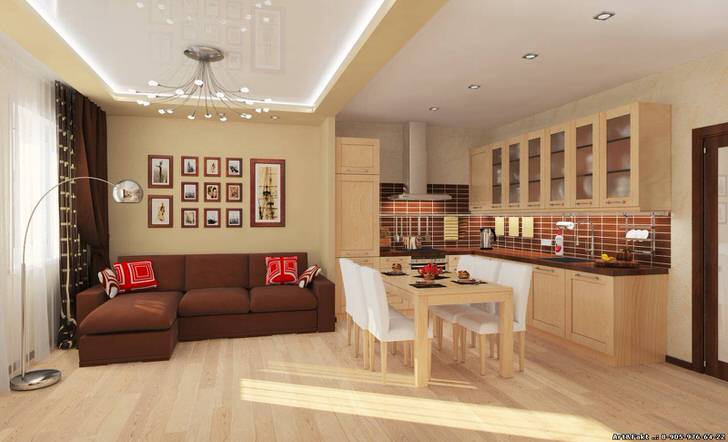 Обеденная зона отделяет кухню от гостиной. Функциональный вариант оформления интерьера в просторной однокомнатной квартире.