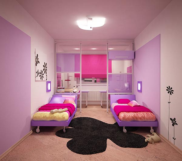 Оригинальный и яркий интерьер спальни для двух девочек.