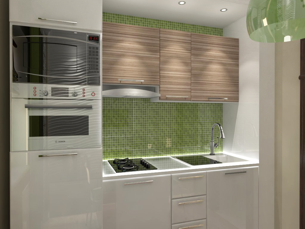 Небольшая кухня с зеленым фартуком из мозаики в эко-стиле