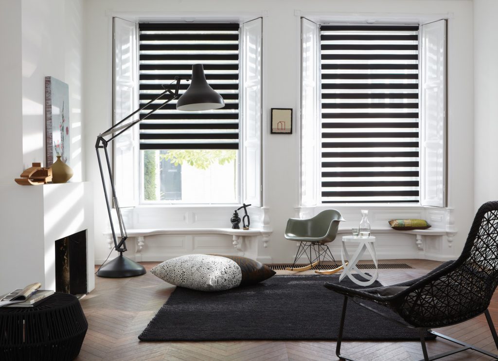 Рулонные черные шторы "день-ночь" в гостиной в скандинавском стиле