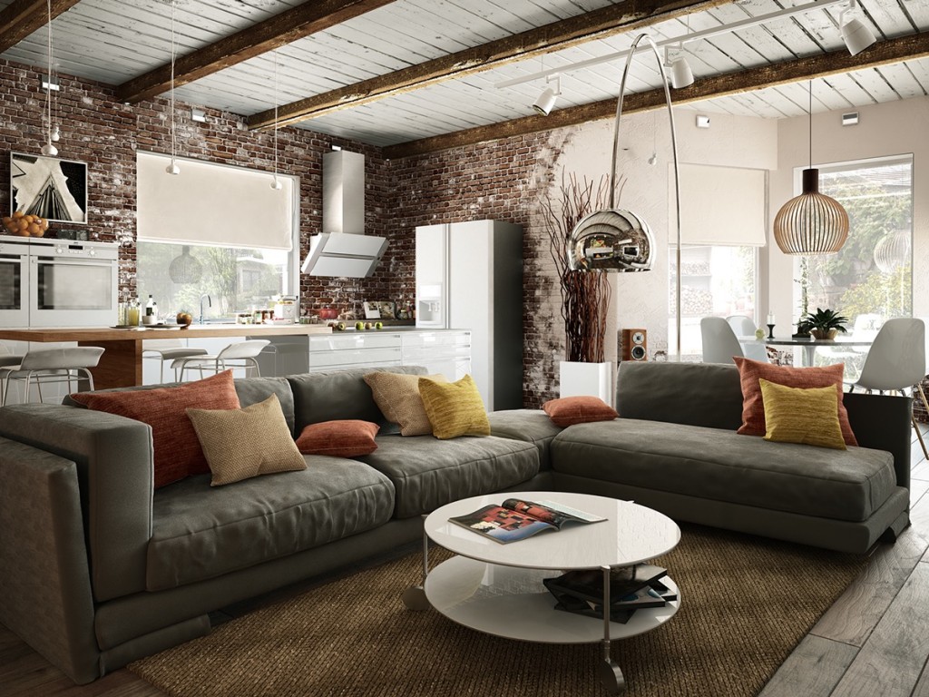 Модульный серый диван в современной гостиной-кухне