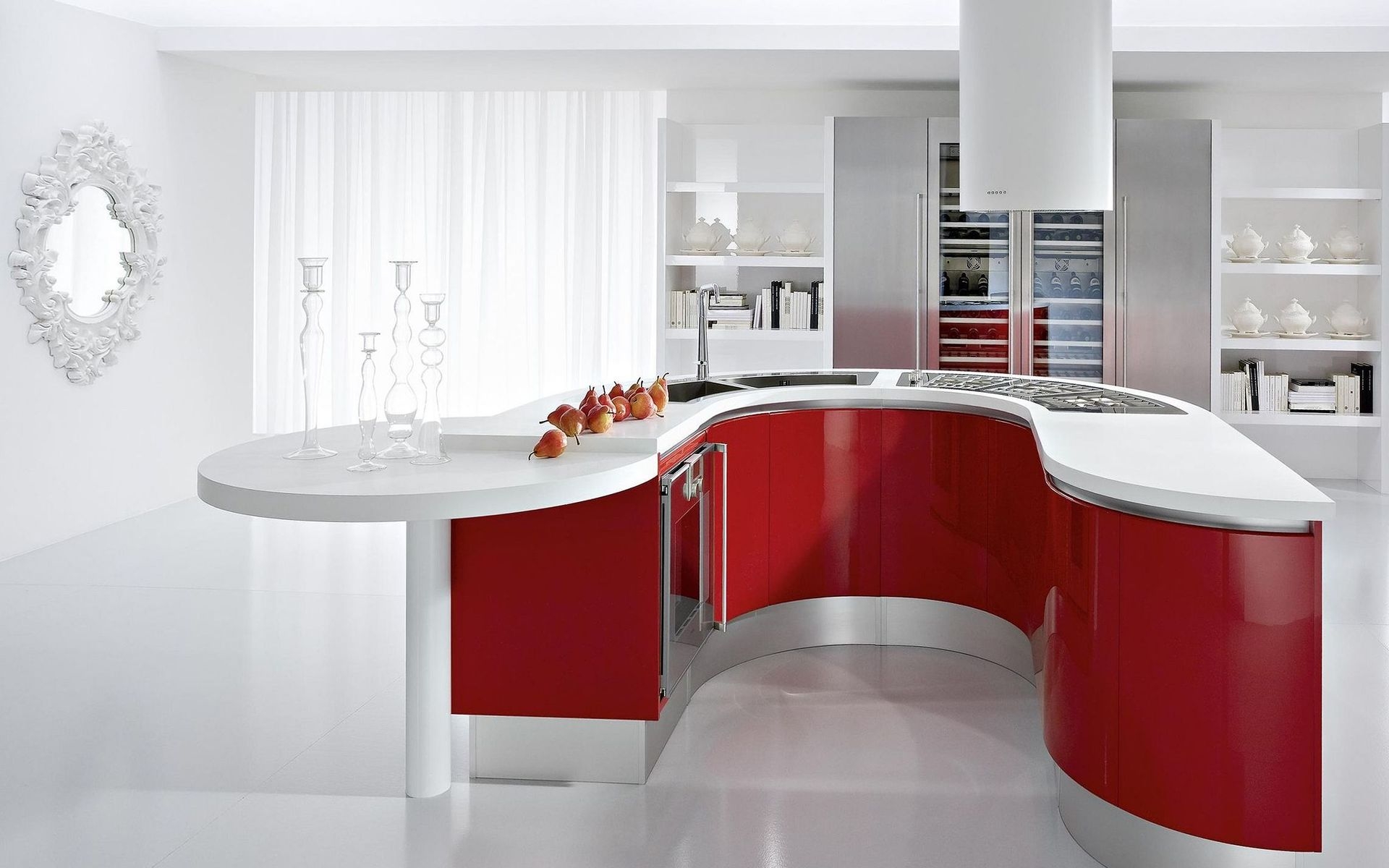 Радиусный красно-белый остров на кухне