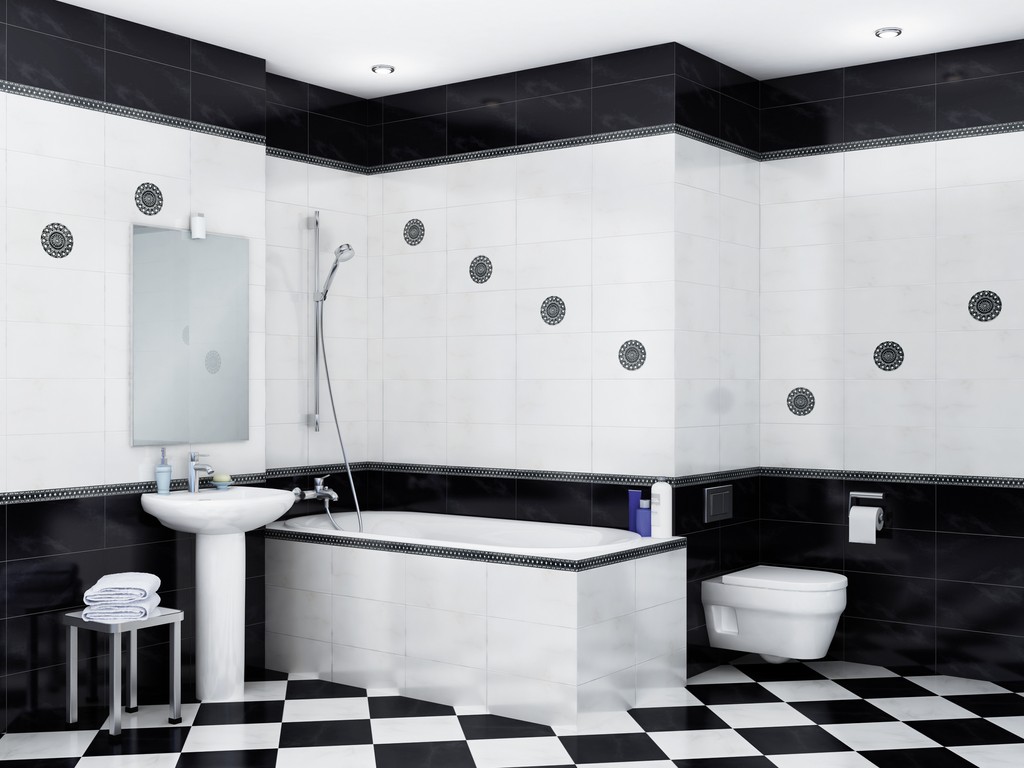 Укладка ромбиком черной и белой плитки в ванной