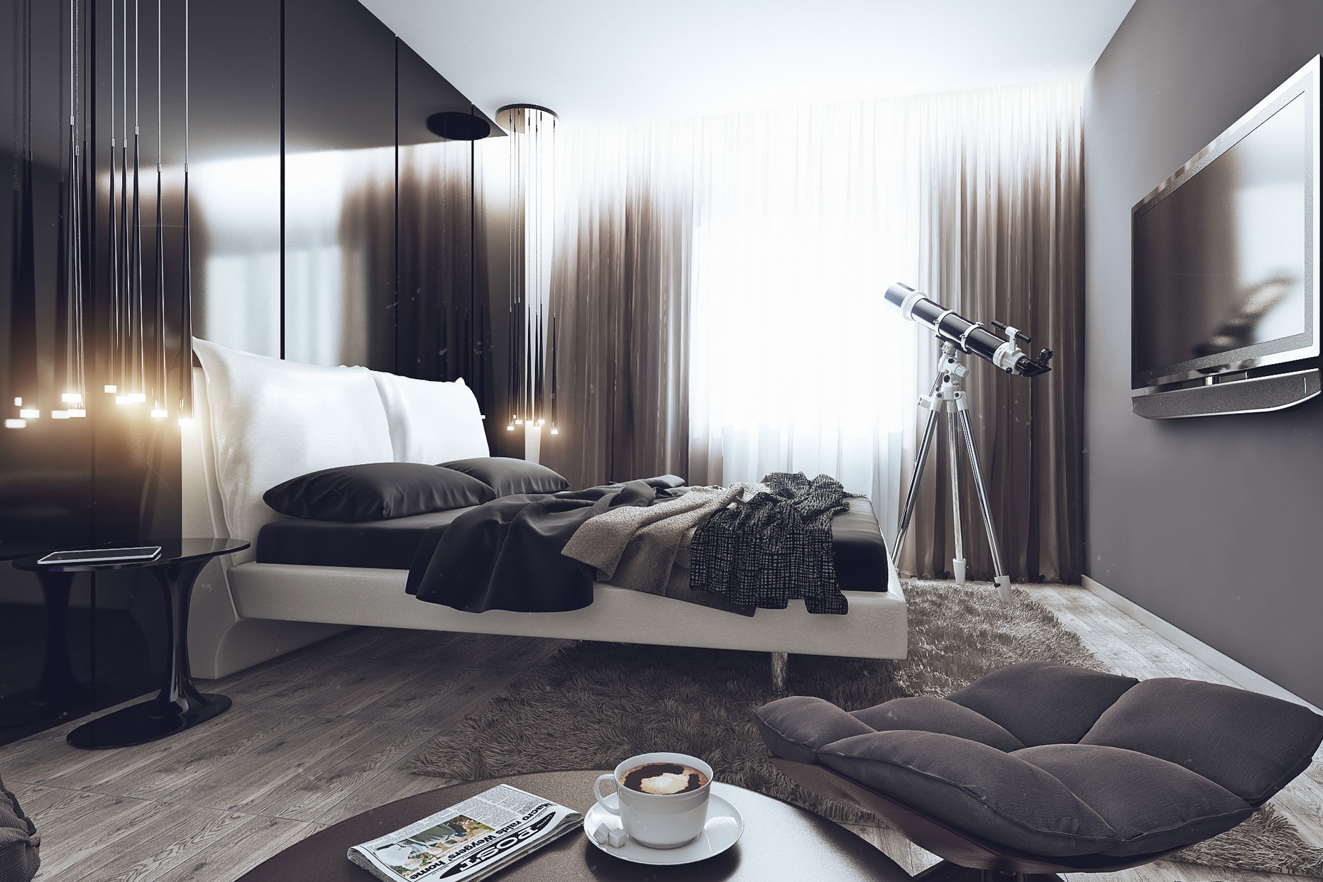 Черный, серый и белый цвета в спальне в стиле хай-тек