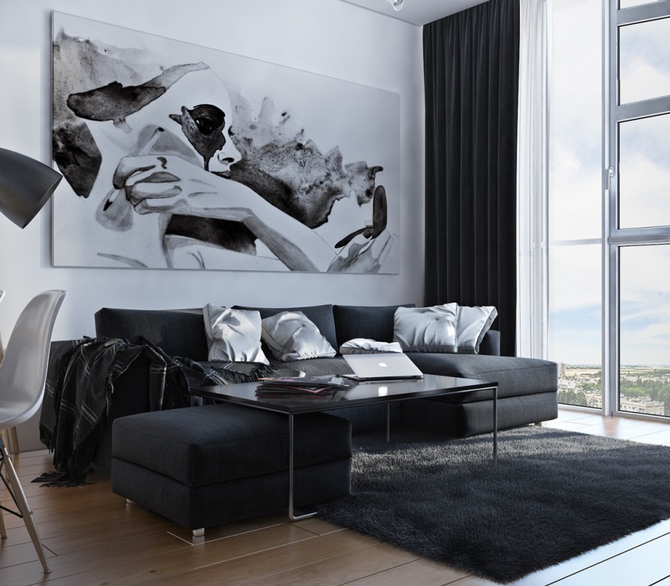Черно-белая мебель в картина в гостиной