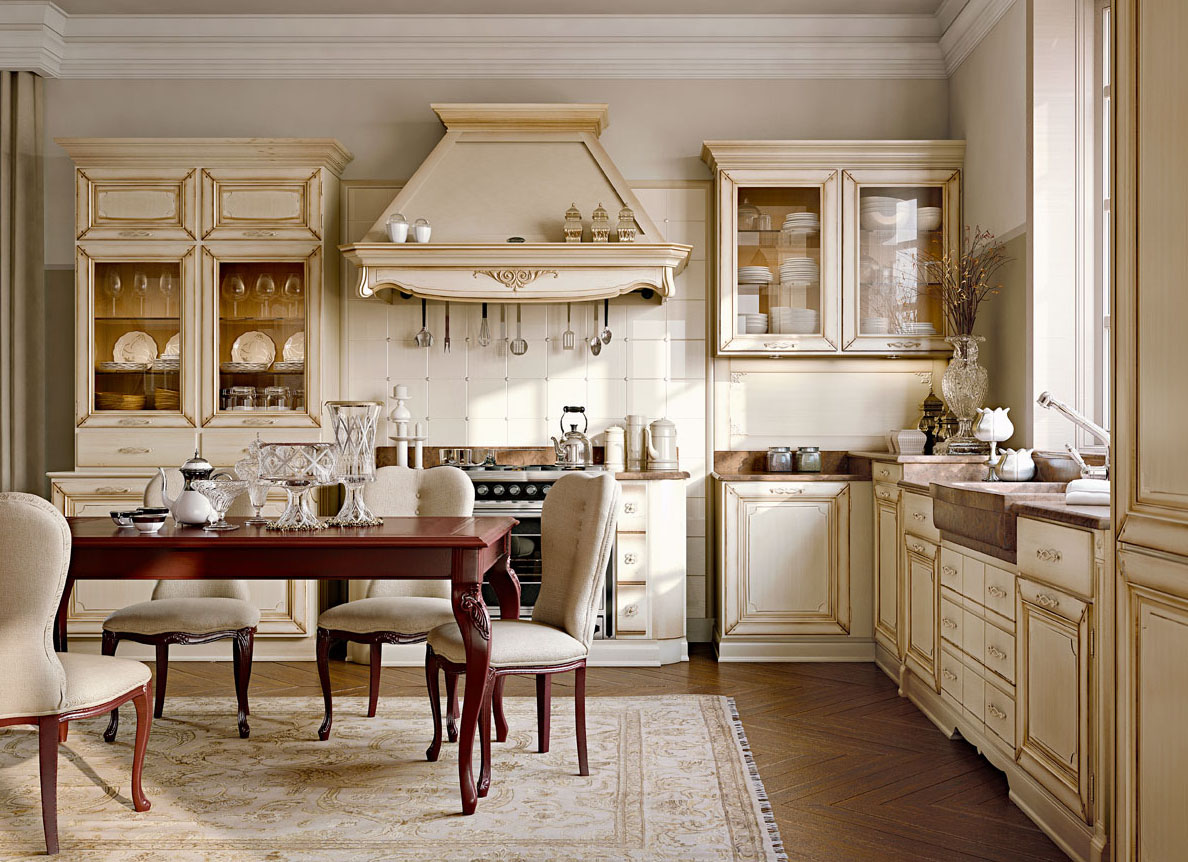 Бежево-коричневая мебель на кухне в классическом стиле