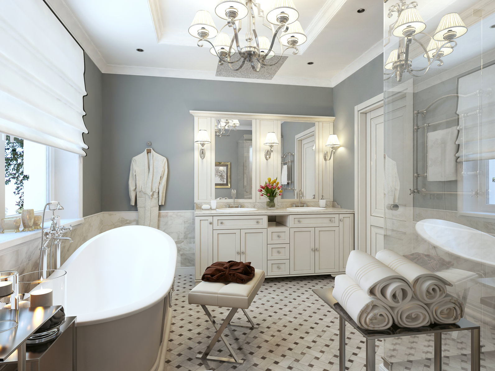 Белая мебель в классической ванной